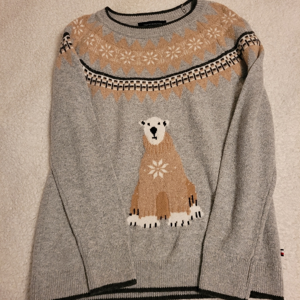 Tommy Hilfiger Gray Brown Bear Fairisle Sweater Medium